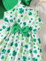 SHEIN Kids EVRYDAY 2pcs/Set Young Girl Bubble Sleeve Top And Bowknot Decorated Cami Dress