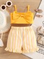 Baby Girls' Butterfly Knot Strap Top And Striped Shorts Set