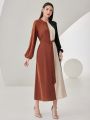 SHEIN Modely Women's Color Block Lantern Sleeve Dress With Belt