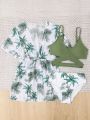 Girls' (Big) Swimsuit Coconut Tree Print Cross Bikini Swimwear With Matching Cover-Up Dress And Kimono, Summer