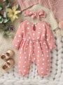 Newborn Baby Girls' Heart Print Jumpsuit With Bowknot Decor And Matching Headband