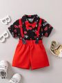 Baby Boys' Printed Short Sleeve Shirt + Casual Suspender Shorts Set