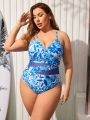 SHEIN Swim Vcay Plus Size Floral Print Mesh Splice One-Piece Swimsuit