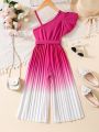 SHEIN Kids CHARMNG Young Girls' One Shoulder Gradient Color Jumpsuit With Waist Belt, Suitable For Romantic And Gorgeous Occasions