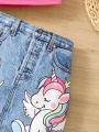 SHEIN Kids QTFun Little Girls' Solid Color Vest & Unicorn Graphic Denim Print Skirt Set