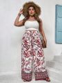 SHEIN VCAY Plus Size Women's Floral Printed Wide Leg Pants For Vacation