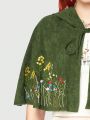 ROMWE Fairycore Women's Hooded Cape Coat With Floral Embroidery And Front Tie