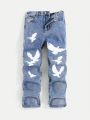 SHEIN Boys' Casual Eagle Shaped Printing Regular Mid-Waist Straight Jeans