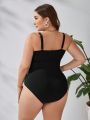 SHEIN Swim Classy Plus Size Women's One-piece Swimsuit With Pearl Button Decoration And Ruching Detail