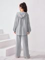 SHEIN Teenagers' Knitted Solid Color Hoodie With Woven Label And Long Pants, Casual 2pcs/set