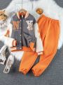 Tween Girls' Grey Bear & Letter Print Baseball Jacket And Orange Sweatpants 2pcs/set