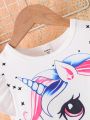 SHEIN Kids QTFun Two-Piece Set For Girls, Cute Casual Ladylike Unicorn Print Round Neck, Flying Sleeves And Shorts Set For Summer