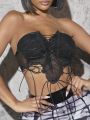 LOVING U Lace Up Front Mesh Tube Top