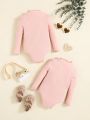 SHEIN Baby Girls' 2pcs Solid Color Ribbed Knit Bodysuit