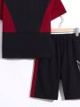 SHEIN Kids EVRYDAY Teenage Boys' Casual Street Knit 2pcs/Set Letter Print Round Neck Pullover T-Shirt And Shorts With Color Blocked Design