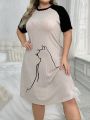 Ladies' Cartoon Cat Patterned Plus Size Casual Nightgown