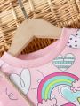 SHEIN Kids QTFun Little Girls' Cartoon Heart & Letter Pattern Printed Round Neck Long Sleeve Dress And Bag, Autumn