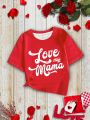 Tween Girls' Red Short Sleeve Casual T-Shirt With Love Heart Letter Print, Mommy & Me Matching Outfit (2 Pieces Sold Separately)