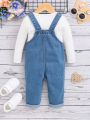 SHEIN Baby Girl'S Blue Loose Fit Comfortable Denim Jumpsuit, With Pockets Decoration And Cute 3d Flower Design, Fashionable Casual