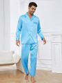 Men Solid Lapel Neck PJ Set