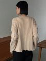 FRIFUL Women'S Round Neck Hollow Out Stripe Drop Shoulder Sweater