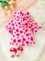 SHEIN Baby Girls' Cute Heart Pattern Printed Casual Hooded Jacket With 3d Ears Perfect For Valentine's Day