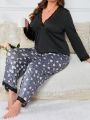 Plus Floral Print Lace Trim PJ Set