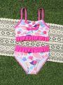 Little Girls' Halter Neck Plant Print Swimsuit Set With Ruffle Hem