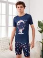 Teenage Boys' Fun Astronaut Pattern Short Sleeve T-Shirt And Shorts 2pcs Homewear Set