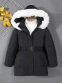 SHEIN Kids QTFun Little Boys' Classic Casual Street Style Hooded Warm Winter Parka Jacket, Autumn Winter