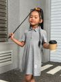 SHEIN Little Girls' Casual Knit Polo Collar Short Sleeve Dress For Everyday Wear