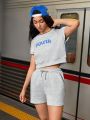 Street Sport Women'S Letter Printed Short Sleeve Sweatshirt And Shorts Set