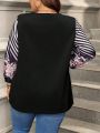 Plus Size Women's Striped Floral Printed Lantern Sleeve Shirt