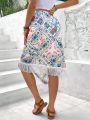 SHEIN Women'S Floral Print Fringed Irregular Hem Skirt