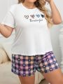 Plus Size Letter & Heart Print Short Sleeve T-Shirt And Shorts Pajama Set