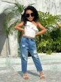 SHEIN Kids Cooltwn Young Girls' Lace Single Shoulder Top And Denim Pants Set