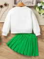 SHEIN Kids FANZEY Little Girls' Character Printed Round Neck Sweatshirt And Pleated Skirt Two-Piece Set