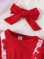 Baby Girls' Heart Print Knit Ribbed Two-In-One Romper With Bow Decoration + Headband