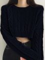 DAZY Women's Solid Color Round Neck Knitted Short Pullover Sweater