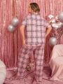 Plus Size Women'S Plaid Short Sleeve Shirt And Long Pants Pajama Set