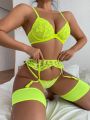 3pack Heart Embroidery Mesh Underwire Garter Lingerie Set