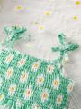 Baby Girls' Spring Summer Green Dandelion Print Casual Jumpsuit With Shoulder Straps