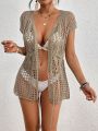 SHEIN Swim Vcay 1pc Drawstring Waist Perspective Crochet Kimono