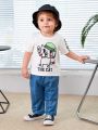 SHEIN Baby Boys' Casual Cat Printed Short Sleeve T-Shirt And Denim Pants Outfits