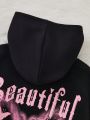 SHEIN Tween Girl Butterfly & Slogan Graphic Hoodie