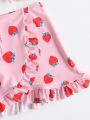 3pack Girls Strawberry Print Frill Trim Bikini Swimsuit With Beach Skirt