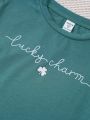 Green Round Neck Short Sleeve T-Shirt With Text Print For Girls