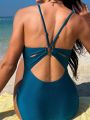 Women's Shiny Hollow Out One-Piece Swimsuit With Thin Straps