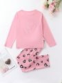 Girls' Love Heart & Letter Printed Long Sleeve Top And Long Pants Set, Home Wear