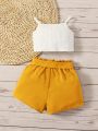 SHEIN Baby Girl Ribbed Knit Tank Top And Belted Shorts Casual Outfit Set